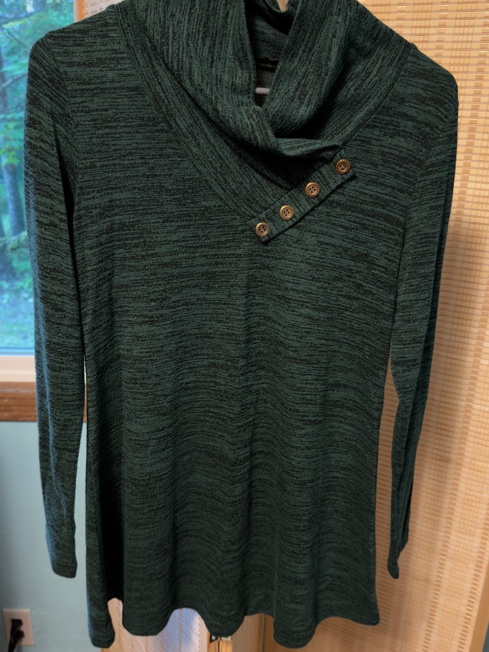 Dark Green Marled Cowl Neck Sweater with Button Detail